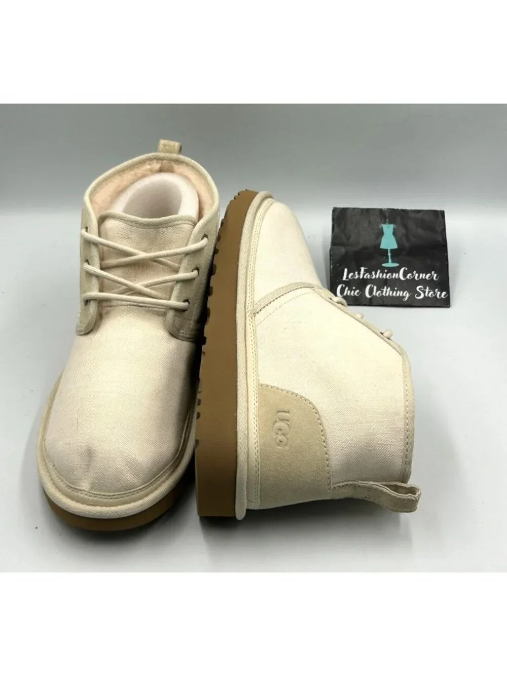 NWOB UGG Mens Beige Canvas Neumel II Wool Lined Lace-Up Chukka Boots Sz 12 3434